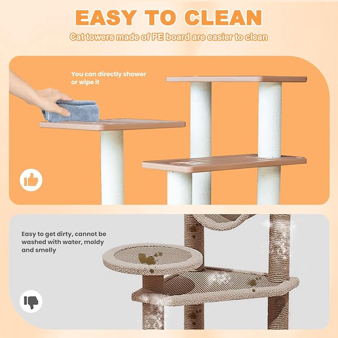 46" Indoor&Outdoor Cat Tower,Weatherproof Cat Condo with Scratching Posts | Khaki Cat Apartment with Waterproof PE Panels&PVC Tubes,Equipped with Polypropylene Scratching Ropes,Sturdy and Durable CTT-9