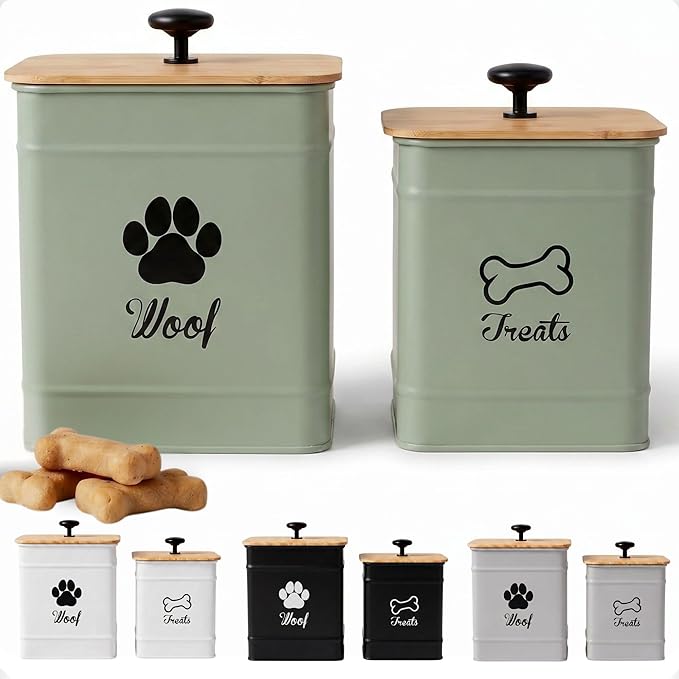 Dog Treat Container Set of 2 with Airtight Bamboo Lids - 8x6 & 7x5 inch | Fits All Popular Treats, Up to 20 Cups Combined Capacity, Airtight Bamboo Lid, Easy Open Lid, Dent-Resistant Durable Metal