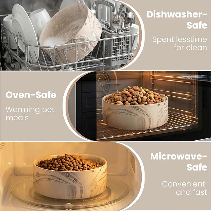 hjn Elevated Ceramic Dog Bowl with Bamboo Stand, Raised Pet Feeding Station for Small Medium Dogs Cats, Modern Design with Anti-Slip Base (Marble Brown, 7.6Cup)