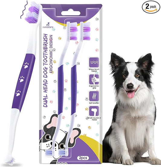Dog Toothbrush, Dual-Head, for Medium-Large Dogs, Purple | Soft Bristles for Gentle Cleaning, 60° Curved Bristles for Better Coverage, Comfortable for Sensitive Gums