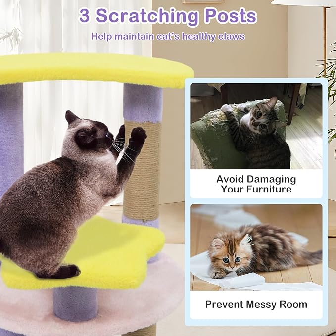 PETSITE 29-inch Cute Cat Tree, Multi-Level Small Cat Tree with Jute Scratching Post, Dangling Toy, Star and Moon-Shaped Perches, Ideal for Indoor Cats (Purple)
