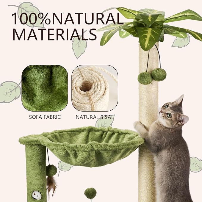 MECOOL Cat Tree for Indoor Cats 35" Tall Cat Scratching Post with Large Cat Hammcok and Hanging Ball Toys Plant Green