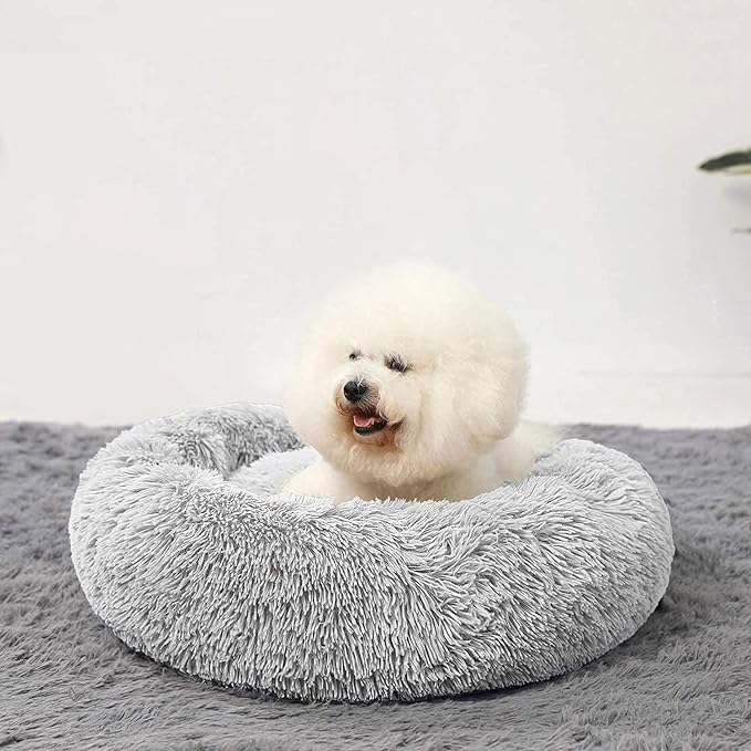 HACHIKITTY Calming Donut Cuddler Dog Bed, Round Fluffy Pet Bed for Small Dogs,Washable, Large, Gray, 24''