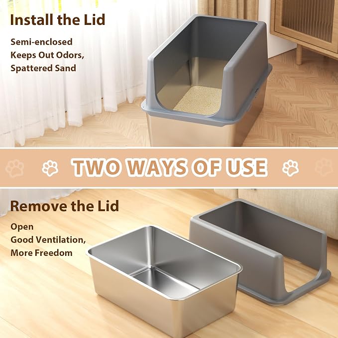 Stainless Steel Cat Litter Box with Lid, Covered Litter Box for Large Cats, 16" High Sides Enclosed Cat Litter Boxes, Extra Large Litter Box with Grey Lid, XL Metal Litter Pan, Easy to Clean