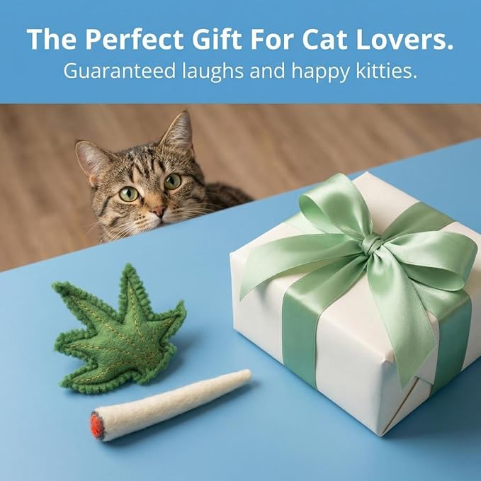 Glaciart One Catnip Joint & Leaf Cat Toy Set | Crack for Funny Kittens, Stimulating Toys for Boredom, Exercise & Play | Filled w/Organic Catnip to Excite/Calm Kitty | Organic Idea