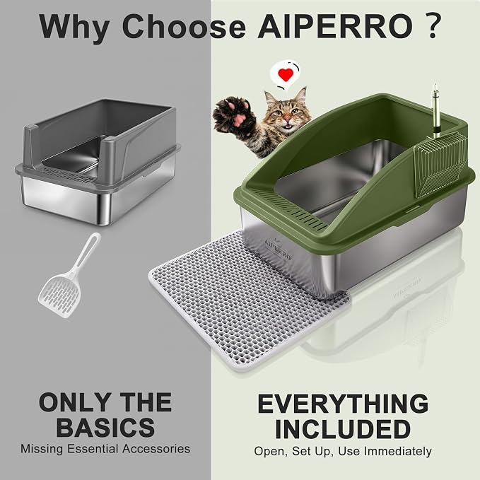 AIPERRO Stainless Steel Litter Box | XL Enclosed Metal Cat Litter Boxes | High Sided with Lid for Big Cats | Anti-Urine Leakage | Non-Stick Bottom & Includes Litter Mat & Metal Scoop (Olive Green)