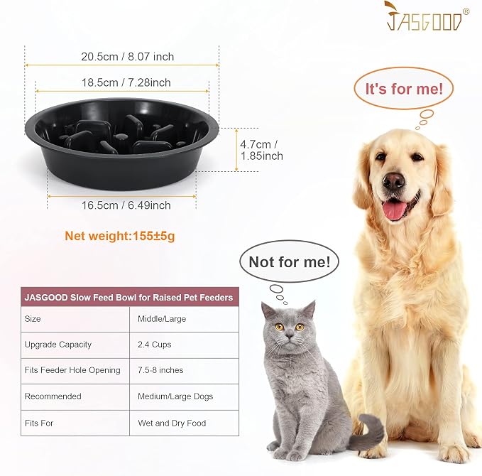 JASGOOD Dog Feeder Slow Eating Pet Bowl for Raised Pet Feeders Preventing Choking Food Water Bowl Elevated Diners Replacement Bowl (Black,Fit Opening 7.5"-8") (Pack of 2)