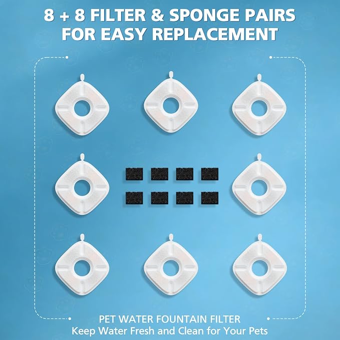 16 Pcs Cat Water Fountain Filters for Veken 95oz/2.8L, 67oz, 135oz Dog Water Fountain Automatic Pet Fountain Dog Water Dispenser 8 Pcs Pet Fountain Filter Replacement & 8 Pcs Pre-Filter Sponges
