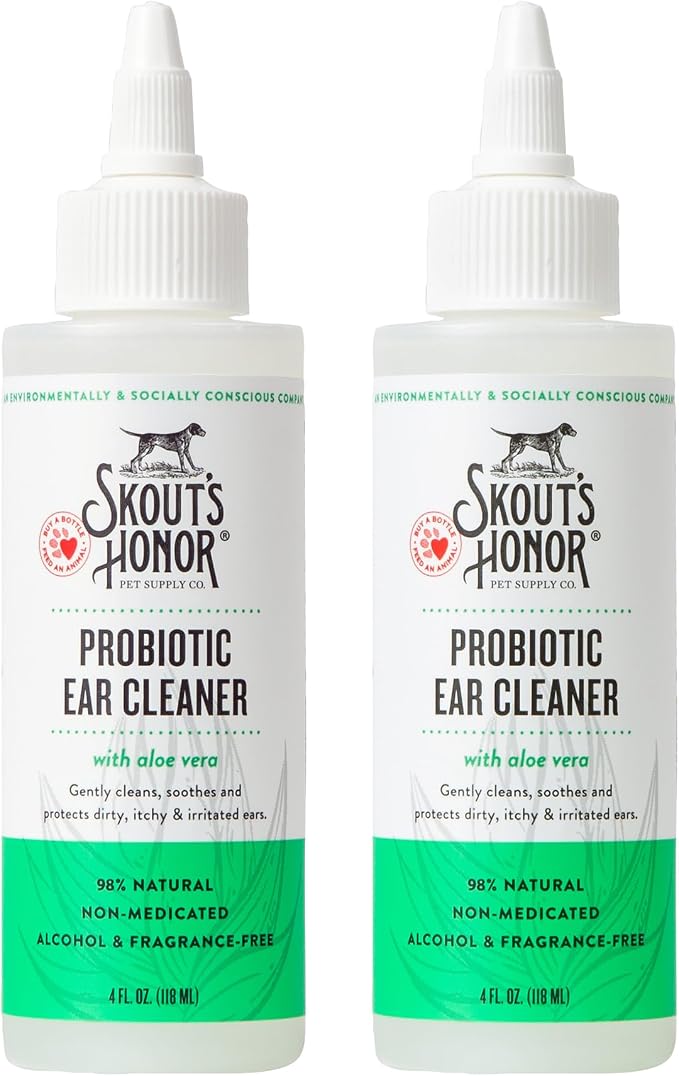 SKOUT'S HONOR Probiotic Dog Ear Cleaner, 4 oz, 2-Pack | Non-Medicated Gentle Ear Cleaning Solution for Itchy Ears, Microbiome-Friendly with Aloe Vera, Alcohol-Free, Unscented