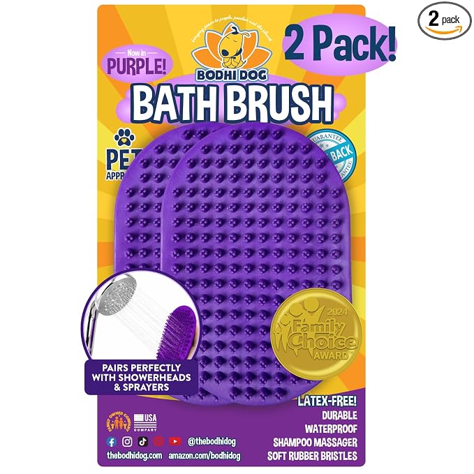 Bodhi Dog Shampoo Brush - Pet Grooming & Bath Supplies for Dogs and Cats - Bath Brush for Long & Short Hair - Premium Scrubber for Shower, Showerhead, Sprayer & Bathing (Two Pack, Purple)