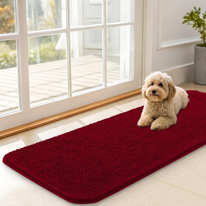 OLANLY Dog Door Mat for Muddy Paws 47x17, Super Absorbent Chenille Mud Mat | Red, Absorbs Moisture and Dirt, Non-Slip Machine Washable Doormat, Quick-Drying Indoor Entryway Floor Carpet for Dogs