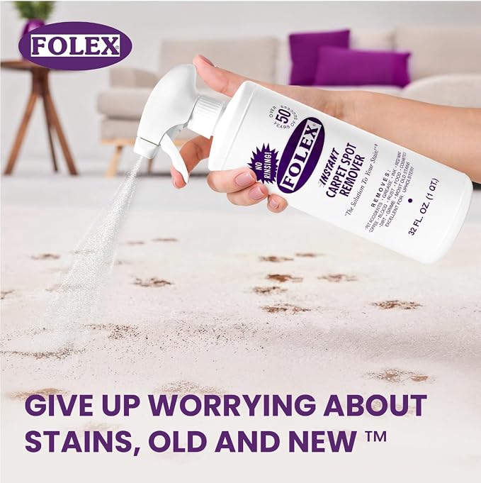 FOLEX Instant Carpet Spot Remover 32 oz – Powerful Stain Remover for Carpets, Upholstery & Rugs – Eliminates Pet Stains, Grease, Red Wine, Food, Makeup & More – With Reusable Cleaning Cloth - 5 Pack