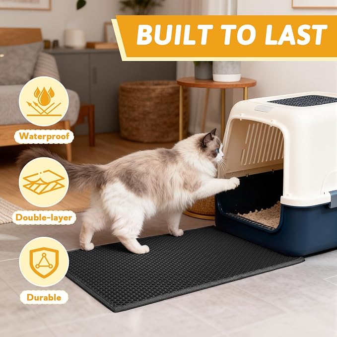 Pieviev Litter Mat, Double-Layer Waterproof Trapping Mat, 24" x 15" Black | Honeycomb Design Catches Scattered Particles to Stop Tracking, Urineproof Base Protects Floors, Easy to Clean