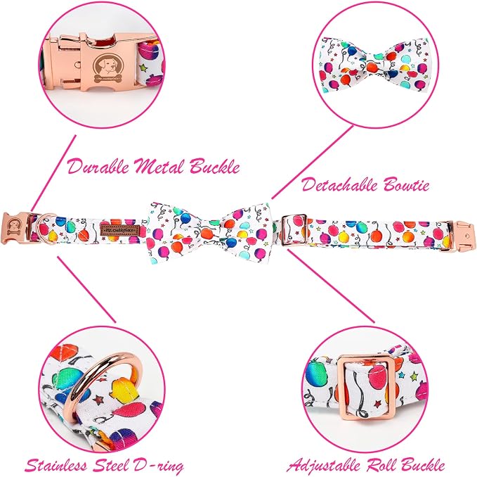 ·MR. CHUBBYFACE· Ballon Dog Collar with Bowtie, Cute Birthday Balloon Dog Collar with Metal Buckle, Adjustable Pet Collar for Small Medium Large Dogs