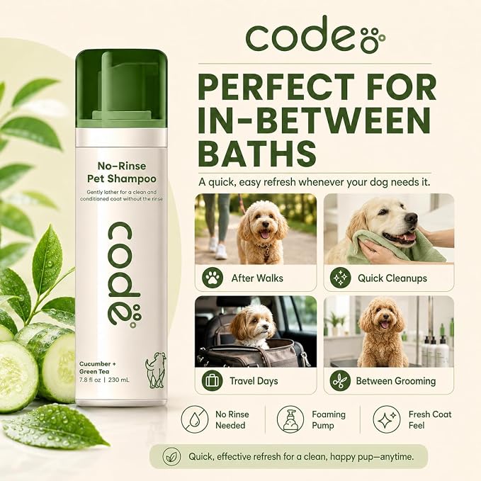 No-Rinse Pet Shampoo Foam, Waterless Dog Shampoo with Oatmeal, Aloe & Chamomile, Dog Shampoo Sensitive Skin, Hypoallergenic Dry Shampoo for Dogs, Cucumber Green Tea Scent, 7.8 fl oz