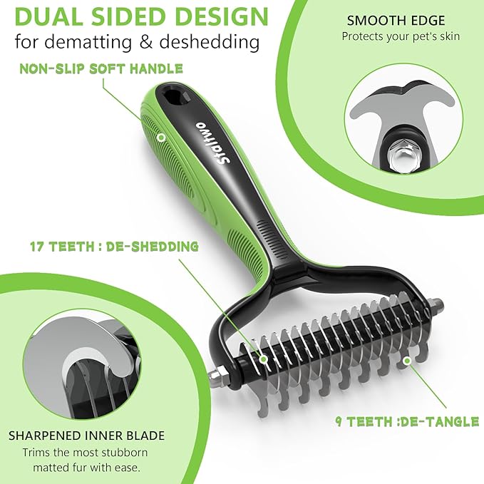 Staltwo Deshedding Dog Brush, Deshedding Undercoat Rake for Dog&Cat | Green Extra-Wide Double-Sided Pet Grooming tool | Shedding Control for Long/Medium-Haired Dogs and Cats, Knot Removal