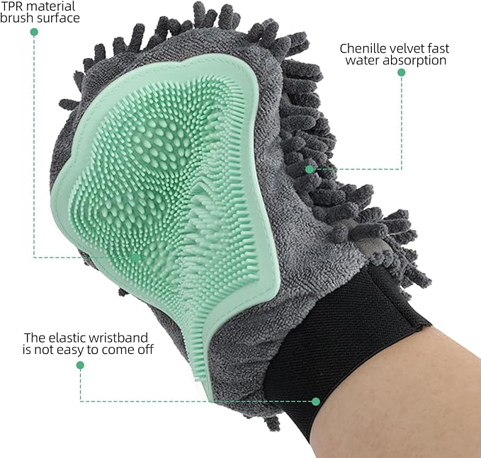 Green Double-Sided Dog Bath Glove Dog Washing Glove for Dogs&Cats | Massage Dog Brush Glove,Chenille Absorbent Pet Towel Mitt,Pet Grooming Glove for Hair Removal Glove,Pet Bathing Glove