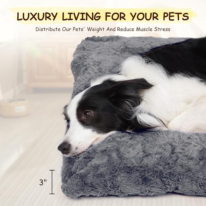 Washable Dog Bed for Small to Large Dogs, Calming Anti Anxiety Medium Dog Bed, Deluxe Plush Faux Fur Crate Beds, Comfy Fluffy Kennel Pad Pet Mat with Non-Slip Bottom, 36"x27", Dark Grey