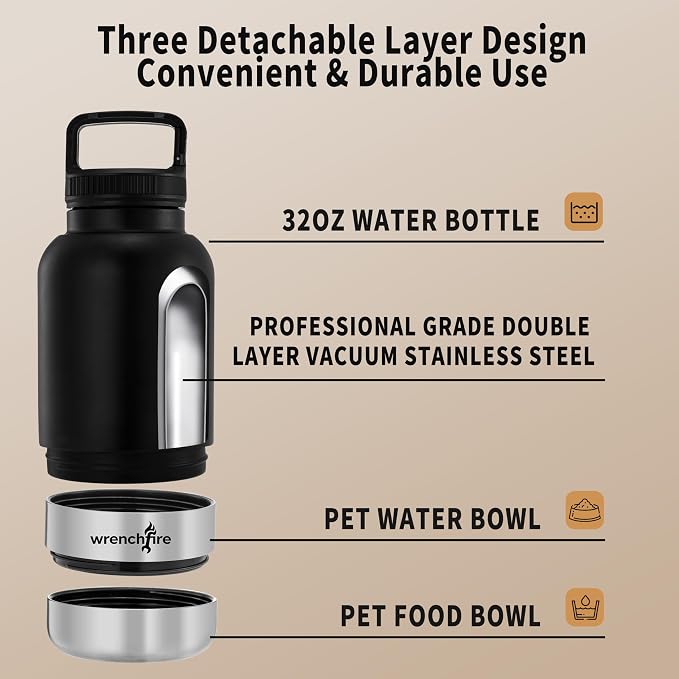 32 oz Instulated Stainless Steel Dog Water Bottle with 2 Detachable Bowls,Portable Cat Travel Dispenser with Brush for Walking Hiking Camping,Black