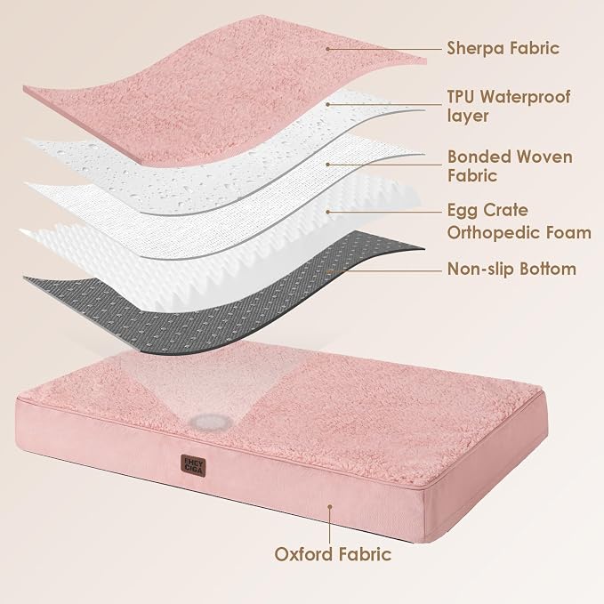 EHEYCIGA Orthopedic Dog Bed Large with Removable Washable Cover, 44IN Pink | Egg Crate Foam Support, Durable Oxford fabric, Non-Slip Bottom, Machine Washable, Soft Waterproof Plush Pet Bed Mat For Crate