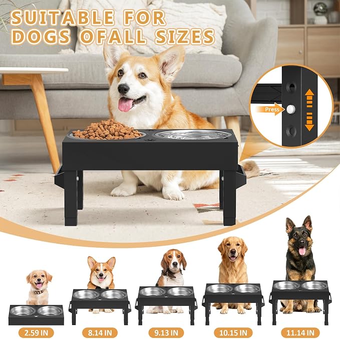 Elevated Dog Bowls Stand Large Breed, Height Adjustable Raised Dog Bowls Holder with 2 Stainless Steel Food Bowls for Small, Medium and Large Canine，Black