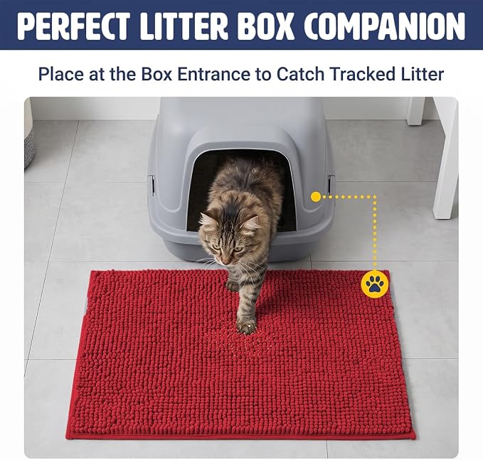 Muddy Mat® | Cat Litter Mat 19"x30", Litter Trapping Mat, Super Absorbent Scatter Control, Soft on Paws, Slip Resistant Washable Kitty Litter Mat, Traps Litter, Protects Floors, Red