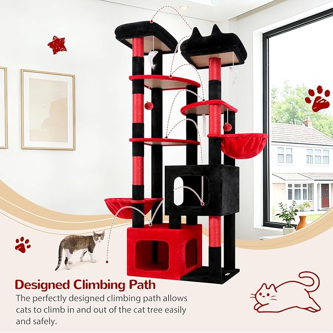 Globlazer S74E Pro Gothic Heavy Duty Maine Coon Cat Tree for Large Cats | 74in Sturdy Multi-Level Tall Cat Tree Tower for Indoor Adult Cats with Scratching Posts, 2 Cat Condos, 2 Top Perches