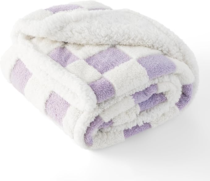LE SURE Waterproof Dog Blanket for Large Dogs - Washable Double Sided Dog Blankets with Warm Jacquard Shag and Soft Sherpa Fleece, Pet Cat Blanket for Bed Couch Protection, 3D Textured Checks, Purple
