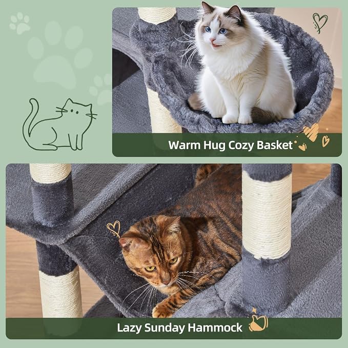 Taoqimiao Heavy-Duty Cat Tree, 71 in Cat Tower for Large Cats 20lbs+ | 3 Giant Multi-Tier Perches, Widened Cat Condo with 9 Scratching Posts, Plush Hammock & Basket, Toys, Smoky Gray, MS034G