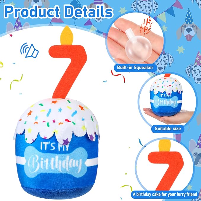 Dansydaisy Dog Birthday Cake Toy Squeaky Plush Toy for Girl Boy Gifts, Chew Accessories for Dog Birthday Party Decor Favor for Large, Medium and Small Dogs(7th,Blue)