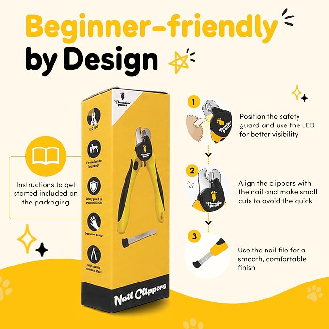 LED Dog Nail Clippers with Light Illumination, Trimmers with Protective Guard, Safety Lock and Nail File - Suitable for Large and Small Dogs & Cats (Yellow)