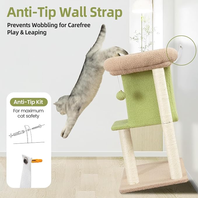 Cat Tree Tower Scratching Post for Indoor Large Adult Cats with Perch Bed | 28in Tall Small Cat Trees House with Big Perch, Condo, Toy Balls, Modern Kitten Climbing Furniture Platform, Green