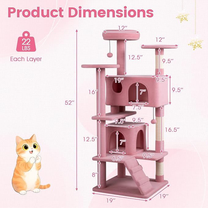 52-inch Cat Tree, Multi-Level Cat Tower with Sisal Scratching Posts, 2 Comfy Condos, Plush Padded Soft Top Perch, Dangling Balls, and Climbing Ladder, Ideal for Indoor Cats (Pink)
