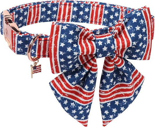 DOGWONG 4th of July American Flag Dog Collar, Red Blue Sailor Bow Tie Dog Collars with Metal Adjustable Buckle, Comfortable Independence Day Dogs Collars for Small Puppy Dogs