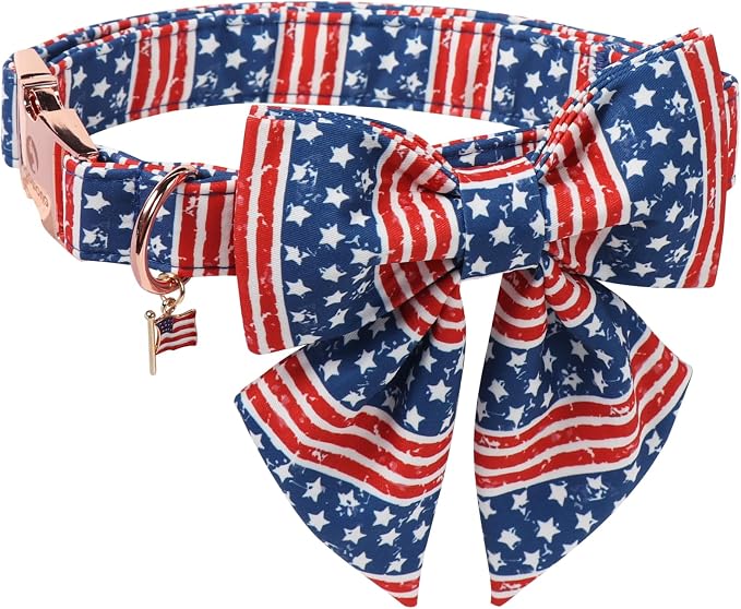 DOGWONG 4th of July American Flag Dog Collar, Red Blue Sailor Bow Tie Dog Collars with Metal Adjustable Buckle, Comfortable Independence Day Dogs Collars for Medium Dogs