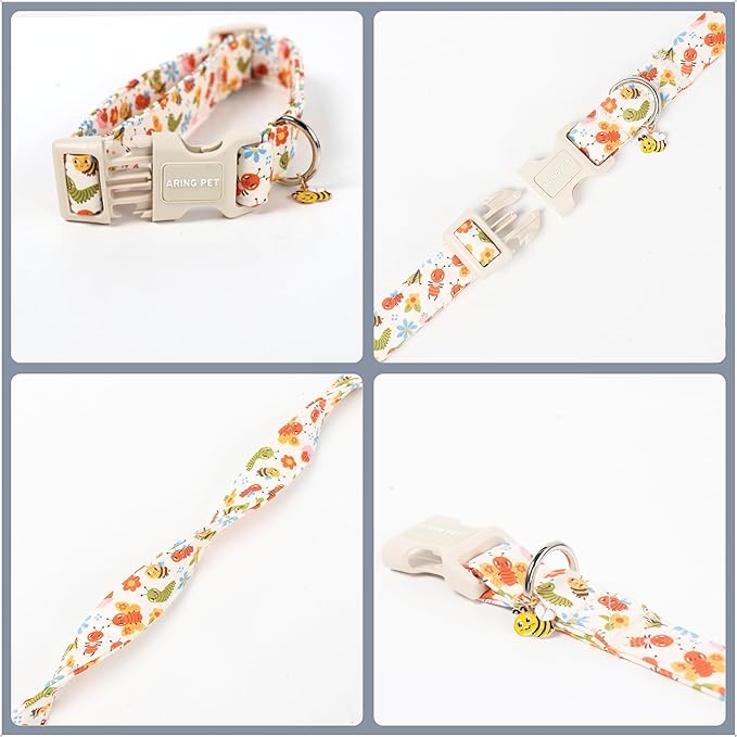 ARING PET Dog Collar, Cute Spring Summer Insects Bee Floral Doggy Collars with Quick Release Buckle for Puppy Small Medium Large Dogs-S
