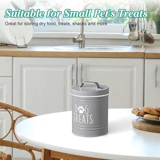 OUTNILI Small Dog Treat Container Airtight - 6" Tall X 4.9" Round Gray Dog Treat Jar for Kitchen Counter - Rustic Treat Storage Canister for Dogs, Cats, Small Animals - Gifts for Pet Owners