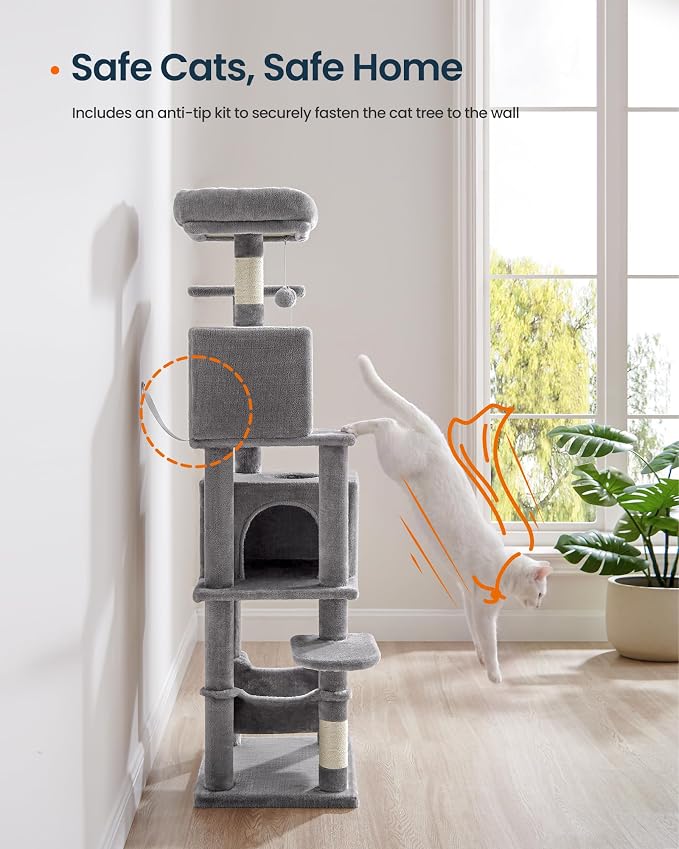 SONGMICS HOME Cat Tree for Indoor Cats, Multi-Level Cat Tower with Sisal Scratching Posts, Hammock and Condo, Light Gray