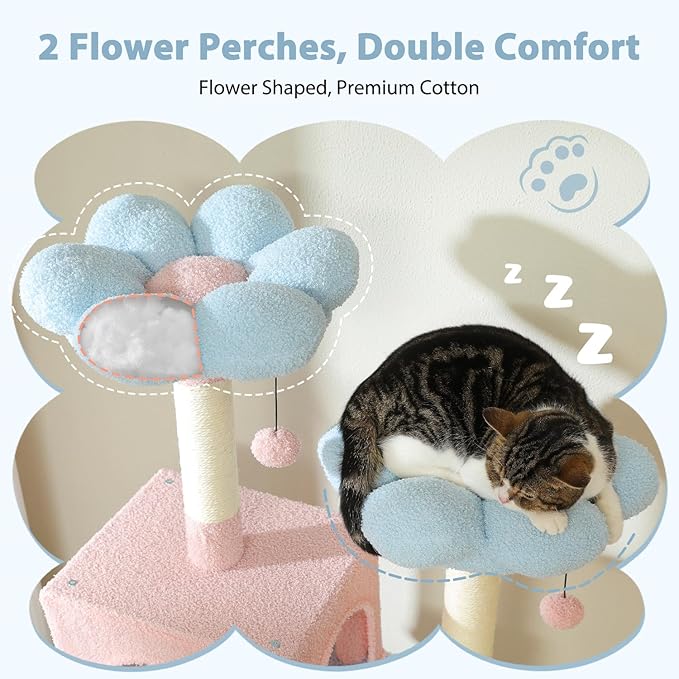 PAWZ Road Flower Cat Tree 72" Cat Tower with Condos&Hammock for Large Cats | cute cat tree in pink&blue, 20"×16" hammock for adult cats, 7 scratch posts + pad, dual condos&perches for multi-cats