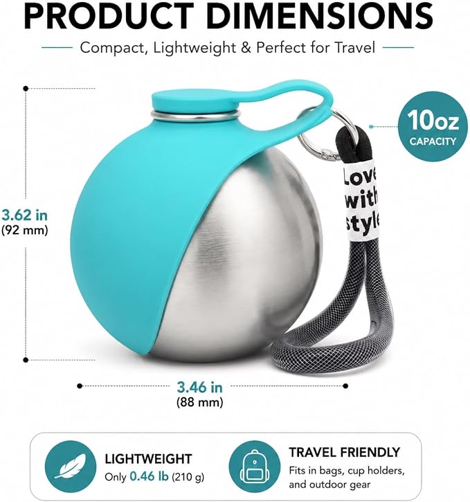 Portable Dog Water Bottle 10oz Stainless Steel Travel Dog Water Dispenser with Bowl No-Spill Puppy Water Bottle for Walking Hiking Small Dog Water Bottles Leak-Proof Collapsible Silicone Bowl