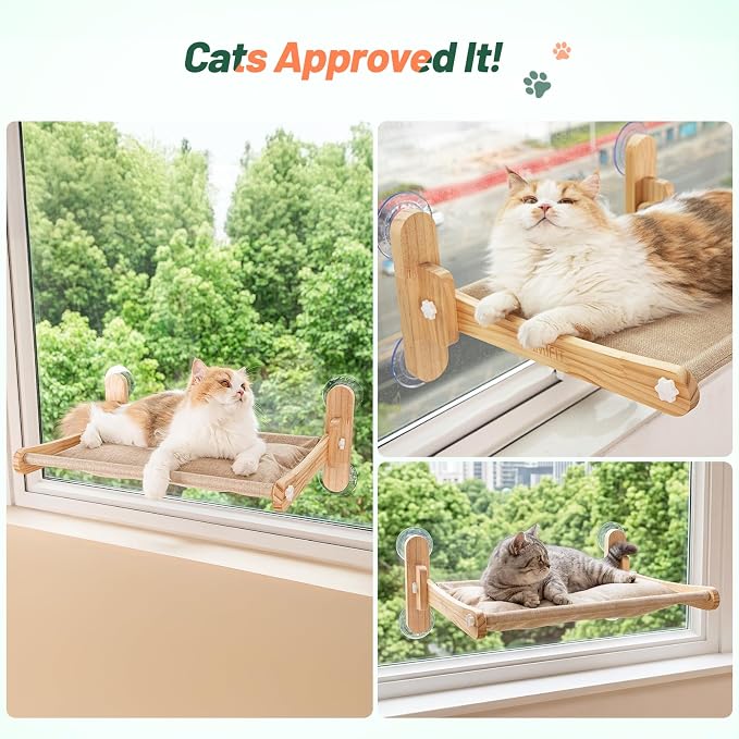 Large Foldable Cat Window Perch - Natural Pine Cat Sill Seat, 50LBS Heavy Duty Cordless Design, Space-Saving No-Scratch Window Hammock for Indoor Cats