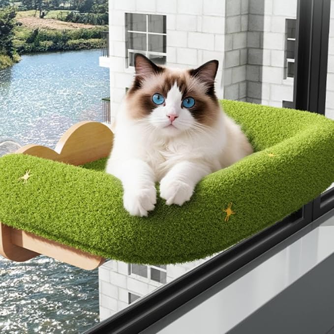 Fenteer Cat Window Hammock Perch Bed Lounger with Solid Wood Frame and Soft Textured Surface Secure Window Mount with Strong Suction for