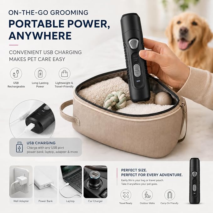 Pet Nail Grinder for Dogs and Cats, 2-Speed Electric Dog Nail Trimmer, Extral Steel Pet Nail Clipper, Rechargeable 2000mAh Nail Grinder for Small Medium Large Dogs with 2 LED Lights, Black