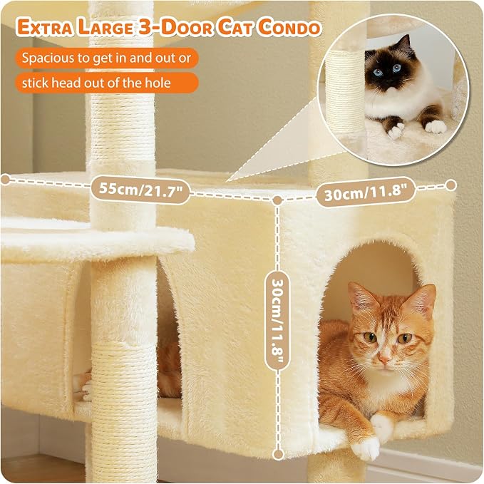 PAWZ Road XXL 81" Cat Tree Large Cats with Big Condos,Perches Sisal Posts | 20"x16" hammock for adult cats, tall cat tower with 7 scratching posts, dual perch and large condo for big maine cats