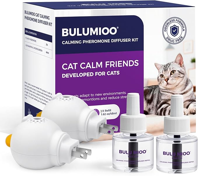 Cat Calming Pheromone Diffuser Set (Dual Zone Coverage) – 2 Diffusers + 2 x 48ml Refills – Helps Reduce Urine Spraying, Scratching & Fighting – Unscented Stress Relief for Multi-Room Homes
