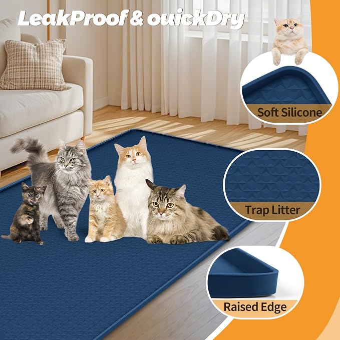 Cat Litter Mat for Litter Box 51"x25.6" Extra Large Silicone Mat, Blue | Waterproof Non-Slip Litter Box Mat with Raised Edges, Cat Litter Trapping Mat for Pet, Cat Litter Rug for Floor
