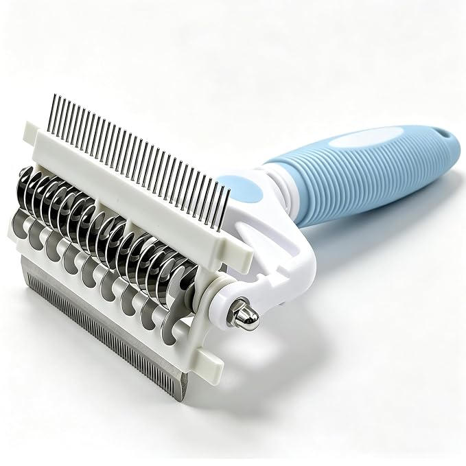 3-IN-1 Pet Grooming Brush, Undercoat Rake, Dematting Comb & Deshedding Tool | Blue Shedding Control Tool for Long Haired Dogs and Cats, Tangles & Loose Fur, Reduces Shedding & Prevents Hair Mess Removal