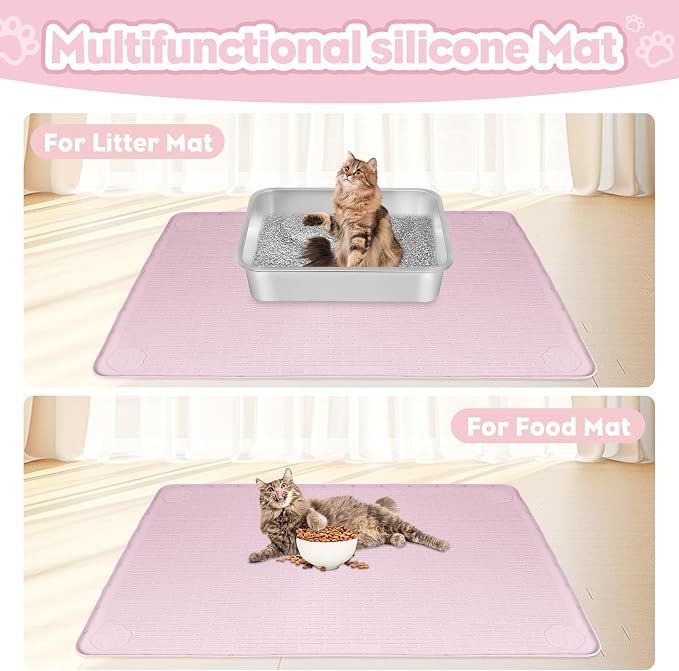 Silicone Cat Litter Mat for Litter Box 34”x22” Large Cat Mat, Pink | Waterproof, Non-Slip, Leak-Proof Rug Mat with Lip, Easy to Clean, Extra Large Litter Catcher Mat for Floor