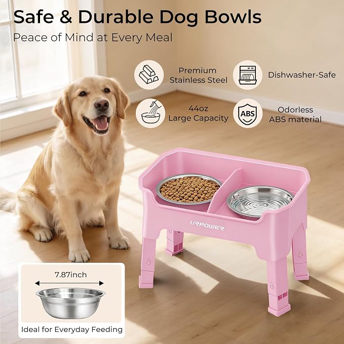 URPOWER Mess Proof Elevated Dog Bowls 4 Height Adjustable Raised Bowl Stand with 2 Stainless Steel Dog Bowls Non-Slip Food and Water Bowl Set for Small, Medium, Large Dogs, Pink