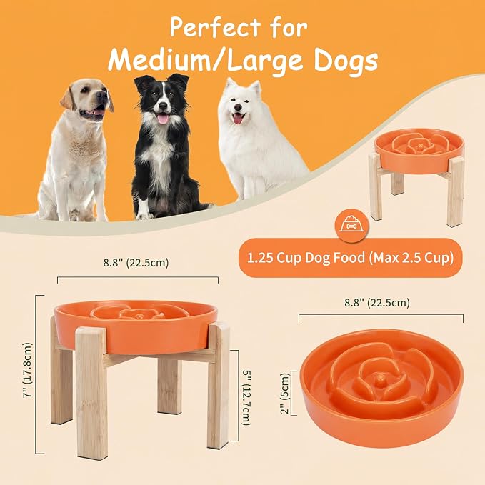 Elevated Slow Feeder Dog Bowl Large Breed, 8.8 Inch Ceramic Slow Eating Bowl with Bamboo Stand, Anti-Choking Raised Maze Design for Medium to Large Dogs, 3.2 Cup, Orange